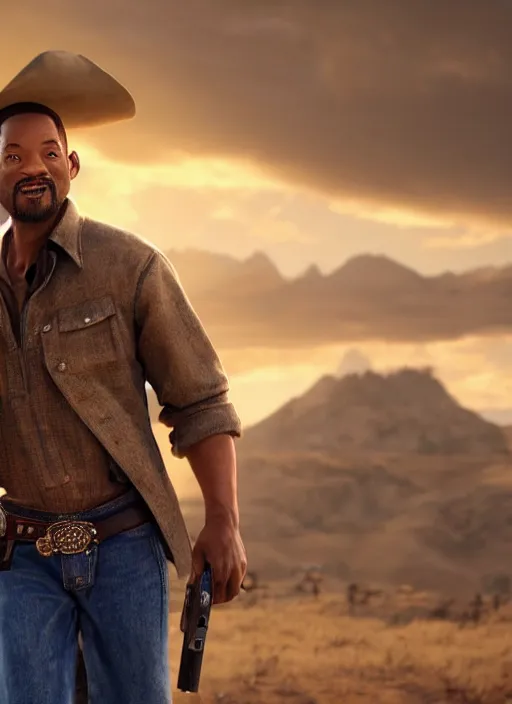 Image similar to an film still of will smith as cowboy with beard, western background, unreal engine. amazing likeness. very detailed.