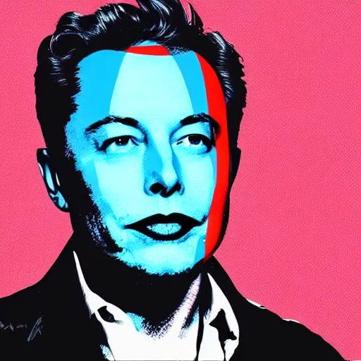 Prompt: the portrait of smug elon musk having dolalr signs for eyes, colorful pop art, modern art, by andy warhol