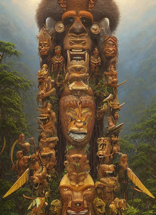 Prompt: a totem in the jungle, with faces of ancestors in the sky wearing tribal masks, hyper detailed, art by christophe vacher