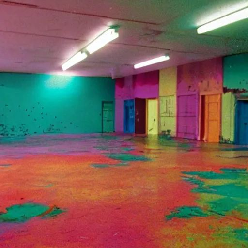 Prompt: abandoned colorful indoors playground, grainy vhs footage, liminal space, eerie