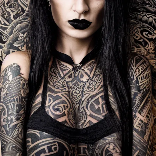 Prompt: a portrait of a goth female with maori tattoos and a lace choker, dark eyes, dark hair, olive skin, depth of field, zeiss lens, detailed, centered, artstation, fashion photoshoot, by Annie Leibovitz and Steve McCurry, David Lazar, Jimmy Nelsson, Breathtaking, 8k resolution, extremely detailed, beautiful, establishing shot, artistic, hyperrealistic, beautiful face, octane render