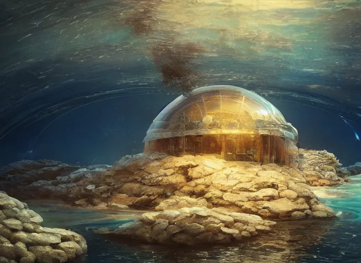 Image similar to masterpiece artwork of a underwater dome inside the ocean, au naturel, hyper detailed, digital art, trending in artstation, cinematic lighting, studio quality, smooth render, unreal engine 5 rendered, octane rendered, art style by klimt and nixeu and ian sprigger and wlop and krenz cushart