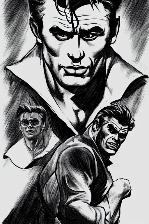 Image similar to james dean as the incredible hulk, handsome monster, sharp cheekbones, deep dimples, strong jaw, dynamic lighting, ultra detailed, fantasy illustration, comic concept art