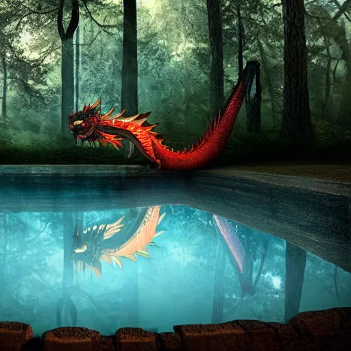 Prompt: a dragon emerging from a pool of oil, photograph taken in a dark forest