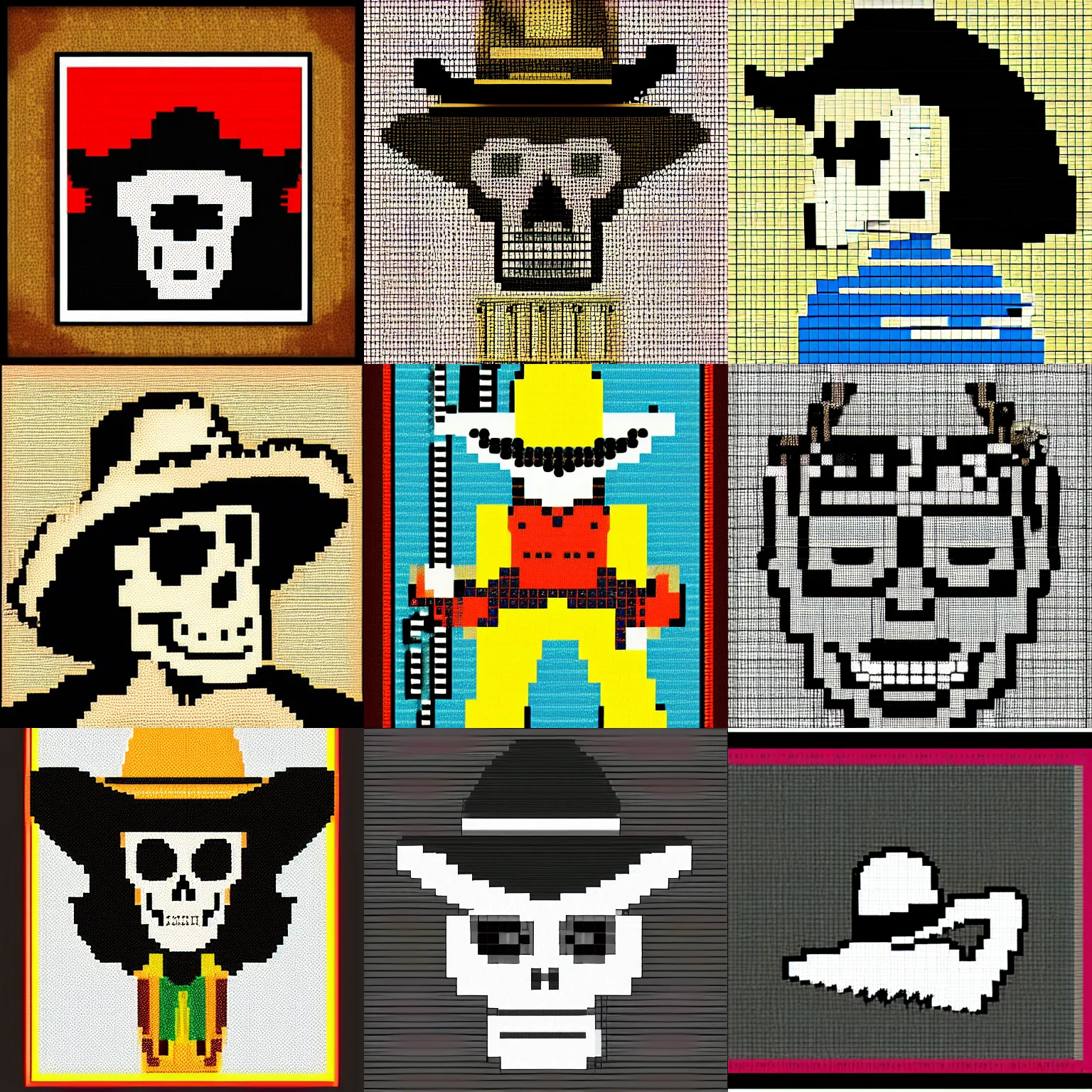 Prompt: 8 bit retro art of a skeleton in a cowboy hat