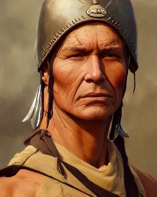 Image similar to an old sioux warrior, scars on his face, oil on canvas, artstation, by j. c. leyendecker and edmund blair leighton and charlie bowater, beautiful face, octane, very aesthetic!!!!!!!!!!!!!!! stunning gorgeous big eyes