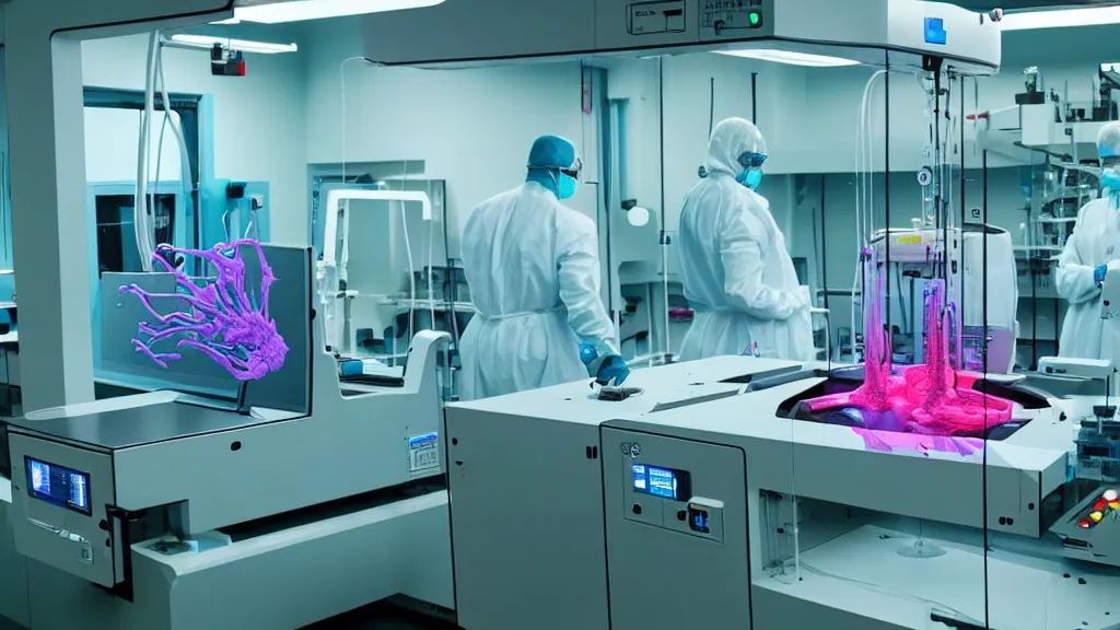 Image similar to a complex bifurcated surgical arm hybrid mri 3 d printer machine making colorful mutant forms with control panels in the laboratory inspection room, film still from the movie directed by denis villeneuve with art direction by salvador dali, wide lens