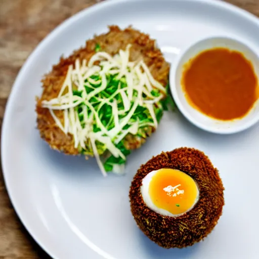 Prompt: scotch egg with ikea meatball gravy