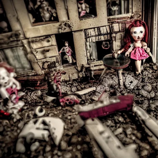 Prompt: a dollhouse of horror - a chainsaw massacre of dolls, only one survives, macro photography, zoom, table