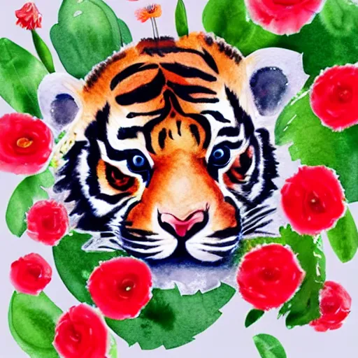 Prompt: watercolor drawing on paper, a curious baby tiger with big eyes smelling a red flower, cute, watercolor, kawaii, wide angle shot, low angle shot, full shot, illustration, white background, very detailed, high quality