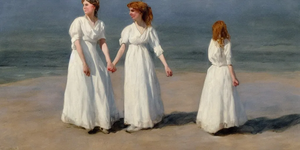 Image similar to a young edwardian woman wearing a white dress on a beach in Sweden, holding hands with another young edwardian woman, in the style of Anders Zorn