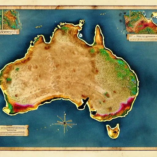 Image similar to recently rediscovered map of ancient Australia, 8k scan, colorized