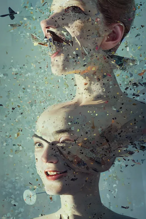 Image similar to 3 d, close - up, laughing fashion model looking up, newspaper, tears, poster art, intricate oil painting, high detail, figurative art, multiple exposure, poster art, 3 d, by stanley kubrick and tooth wu and wlop and beeple