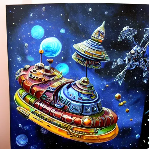 Prompt: painting of ornate space ship orbiting a gas planet, 4 0 k warhammer, shrimp, prawn
