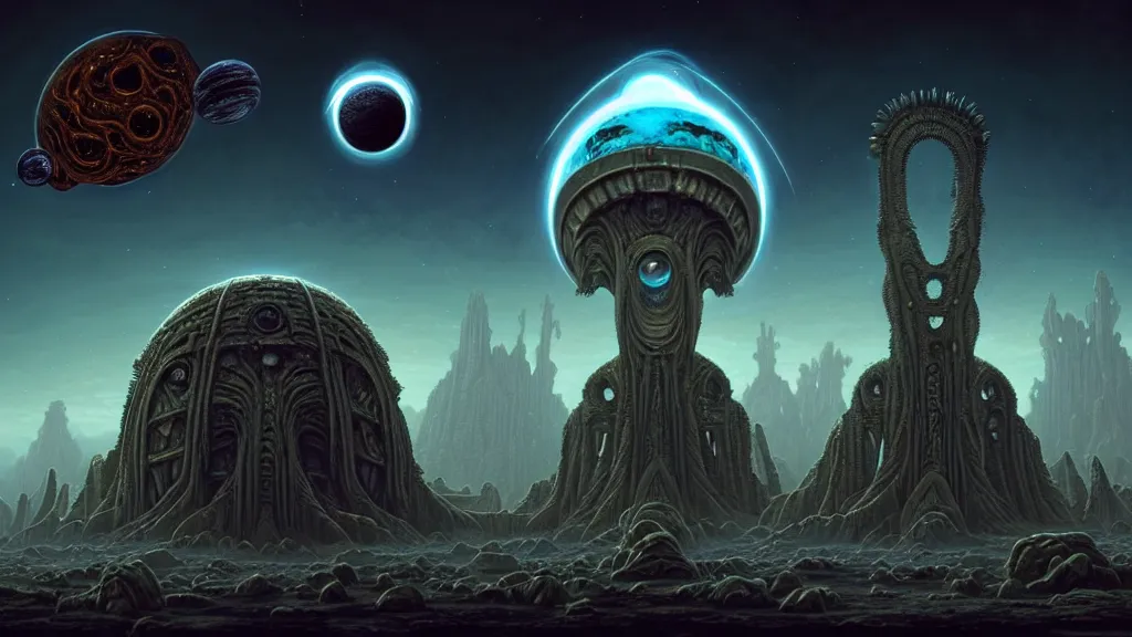 Image similar to the anatomy of a celestial cosmic lovecraftian horror monster by bruce brenneise and peter mohrbacher and h r giger, ancient ruins in background, large exoplanet in the sky, alien planet with craters and large structures, 3 d render, neosurrealism. digital concept art, pixel art, rendered in octane, trending on cgsociety, trending on artstation