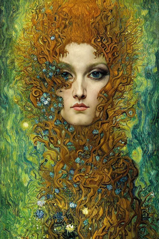 Prompt: Nature by Karol Bak, Jean Deville, Gustav Klimt, and Vincent Van Gogh, transformational chimera portrait, visionary, hair made of trees, verdant, life, botanicals, otherworldly, fractal structures, ornate gilded medieval icon, third eye, spirals