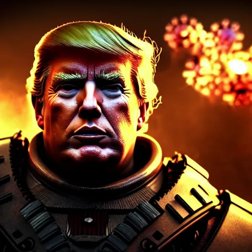 Prompt: photo portrait of donald trump with cigar as god emperor in gears of war, splash art, movie still, detailed face, photorealistic facial features, cinematic lighting, dramatic, octane render, long lens, shallow depth of field, bokeh, anamorphic lens flare, 8 k, hyper detailed, 3 5 mm film grain