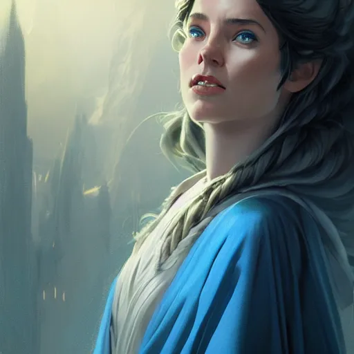 Image similar to full body portrait, young and beautiful female high wizard in blue robes, dramatic lighting, cinematic, establishing shot, extremely high detail, photo realistic, cinematic lighting, post processed, concept art, artstation, matte painting, style by eddie mendoza, raphael lacoste, alex ross, greg rutkowski