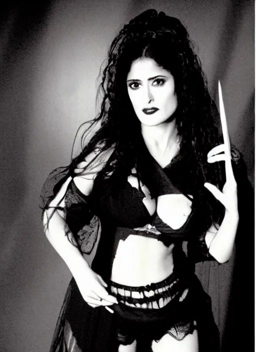 Image similar to cellphone photo of salma hayekas a gothic vampire in the 1990s