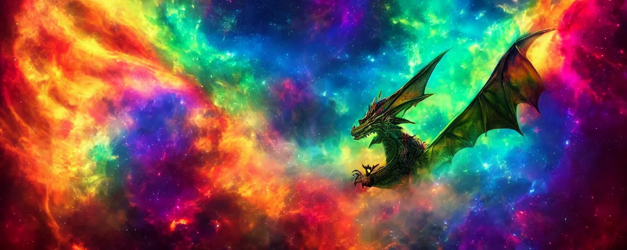 Image similar to large rainbow-colored nebula in the form of a dragon, large scale, breathtaking, mixed media, digital art, trending on artstation, 8k, epic composition, highly detailed, AAA graphics