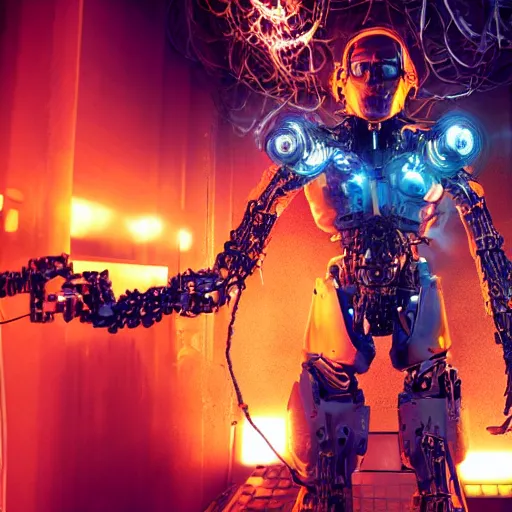 Image similar to cyborg with gatlinger gun hands, tangles of metallic cables, dark messy smoke - filled cluttered workshop, dark, dramatic lighting, orange tint, sparks, plasma charges, cinematic, highly detailed, sci - fi, futuristic, movie still