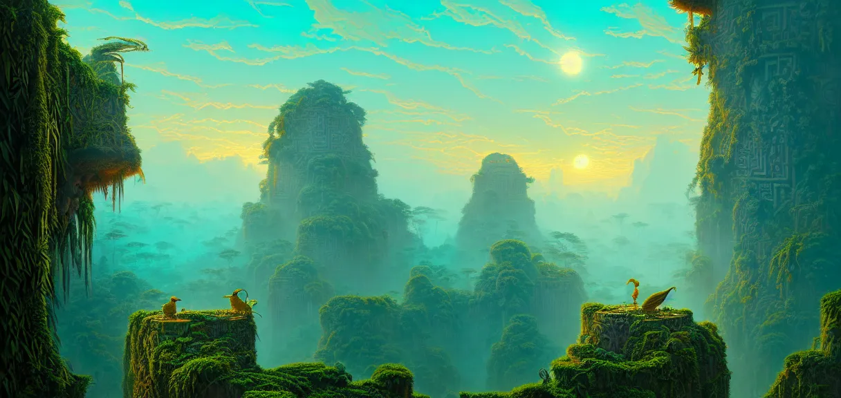 Prompt: post - minimalism portrait of a jungle ruin labyrinth bird's eye view, golden clouds, grey goblins running in labyrinth, vibrant turquoise color scheme, highly detailed, in the style of romanticism, cinematic, artstation, moebius, greg rutkowski