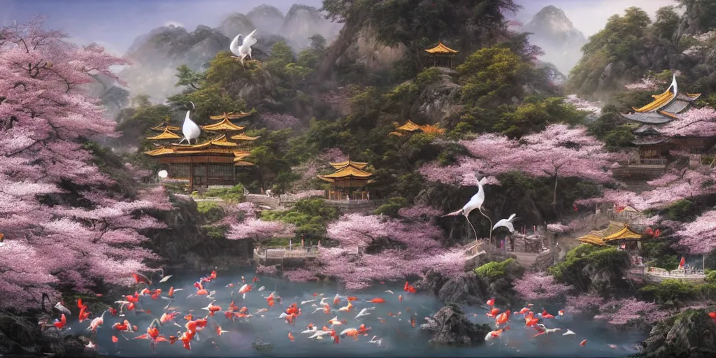 Image similar to it is a paradise with ancient chinese characteristics. it has a high degree of fantasy. cherry blossom forest, there are pavilions in the air, koi jumping in the air, and fairy birds and animals such as cranes and deer coexist with people. it is the life scene of the ancient people, a detailed matte painting by christophe vacher and albert bierstadt