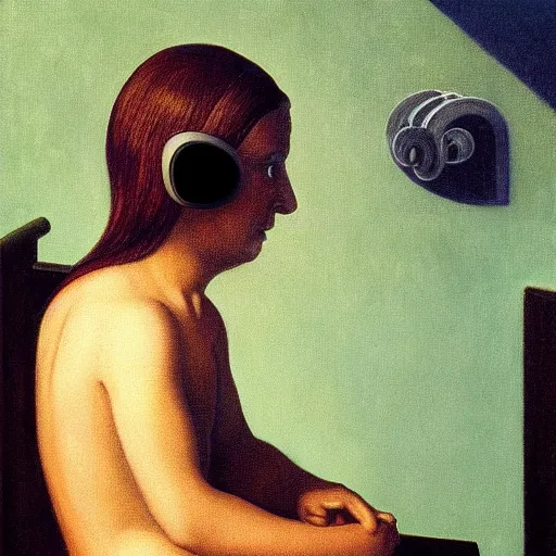 Prompt: a demon listening to headphones by Raphael, Hopper, and Rene Magritte. detailed, romantic, enchanting, trending on artstation.