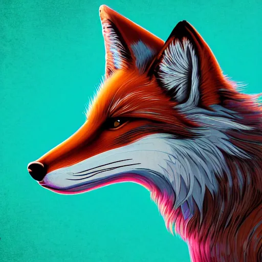 Prompt: digital fox, retrowave palette, digital world, highly detailed, electric breeze, anatomically correct vulpine, synth feel, fluffy face, ear floof, flowing fur, partial grayscale, super realism, accurate animal imagery, 4 k digital art