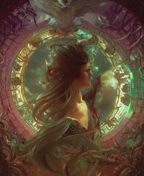 Image similar to a whirlwind of souls rushing inside the metaverse, half body, glowin eyes, insect, lizard, d & d, fantasy, intricate, elegant, highly detailed, colorful, vivid color, digital painting, artstation, concept art, art by artgerm and greg rutkowski and alphonse mucha and ruan jia