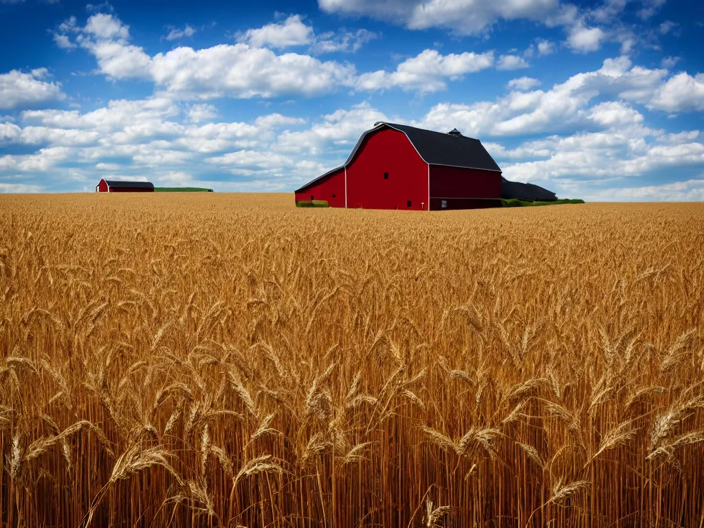 Image similar to A single isolated old red barn next to a wheat crop at noon. Blue sky, award winning photography, wide shot, surreal, dreamlike.