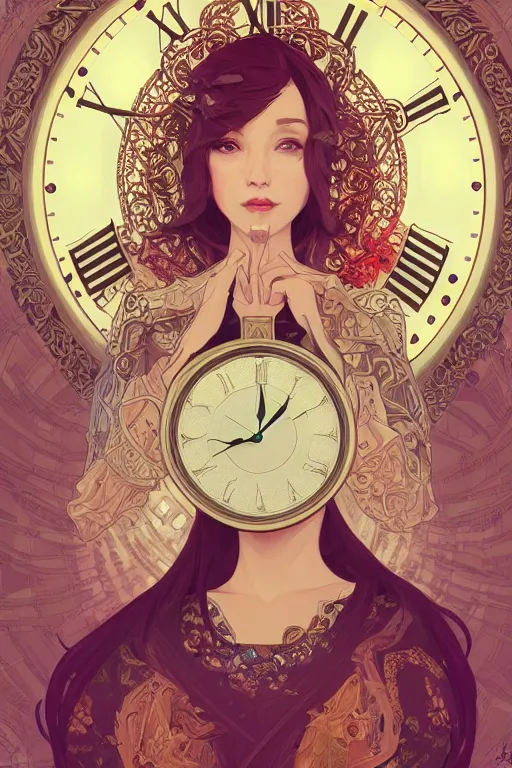 Prompt: portrait of the lady of time, clocks, intricate design, sharp features, detailed background, ambient lighting, 4 k, lois van baarle, ilya kuvshinov, rossdraws, alphonse mucha, jung gi kim, artstation