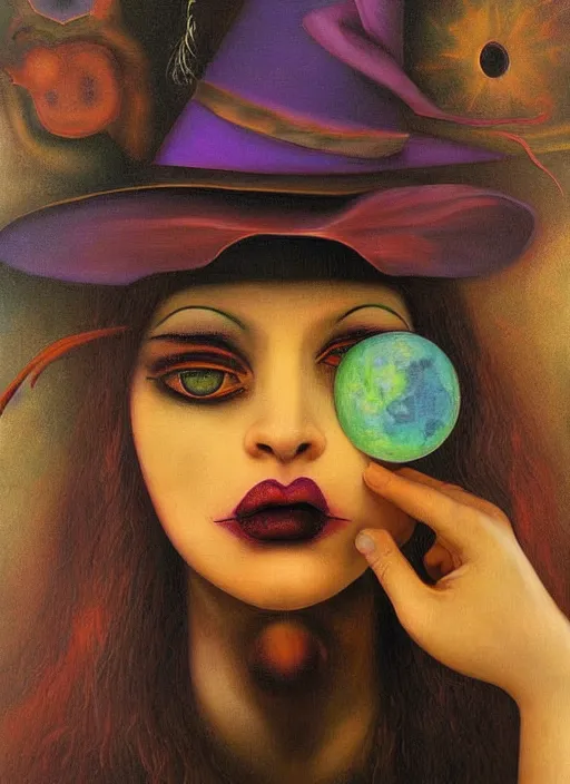 Image similar to surrealism, abstract, witch, portrait, close - up, make up, full big moon, painting by raphael albuquerque, soft light