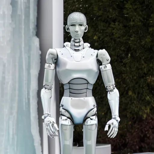 Image similar to made of ice, a realistic detailed photo of a guy who is an attractive humanoid who is half robot and half humanoid, who is a male android, on display, blank stare, showing off his muscles, shiny skin, posing like a statue, by the pool, frozen ice statue, twitch streamer / gamer ludwig, humanoid robot