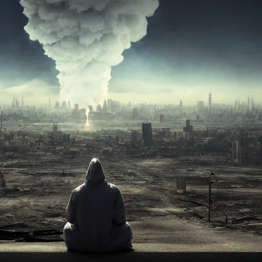 Prompt: a beautiful award-winning photo of the last man on Earth wearing a hazmat suit, sitting and depressed, serene post-nuclear background, a huge nuclear cloud, a mirage of a skyline of a destroyed city, numerous fires, volumetric lighting, haze, very high quality, extremely detailed, subtle visual noise, 8K