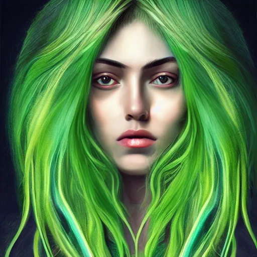 Prompt: symmetrical portrait of beautiful woman with green fuzzy hair, by nick silva, ja mong, digital, soft painting, photorealism