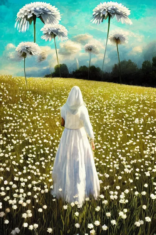 Image similar to giant white daisy flowers as head veil, girl walking in a flower field, surreal photography, sunrise, dramatic light, impressionist painting, colorful clouds, digital painting, artstation, simon stalenhag