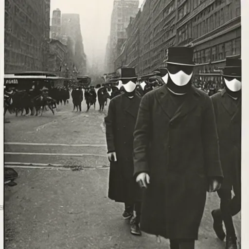 Image similar to old black and white photo, 1 9 1 3, depicting masked watchmen walking through the bustling streets of new york city, historical record