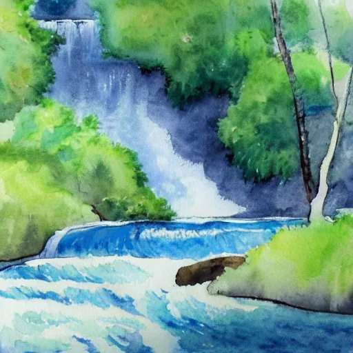 Prompt: a tranquil waterfall, watercolor by bob ross