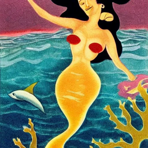 Image similar to A beautiful conceptual art of a mermaid swimming in the ocean. Her long, flowing hair streams behind her as she gracefully navigates the water. A coral reef and colorful fish can be seen in the background. Archean by Leonetto Cappiello