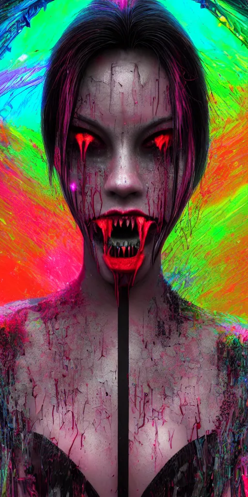 Image similar to impossibly beautiful vampire with large vampire fangs, intricate complexity, horror, psychedelic glitch art, rainbow drip paint, trending on art station, photoreal, 8k, octane render