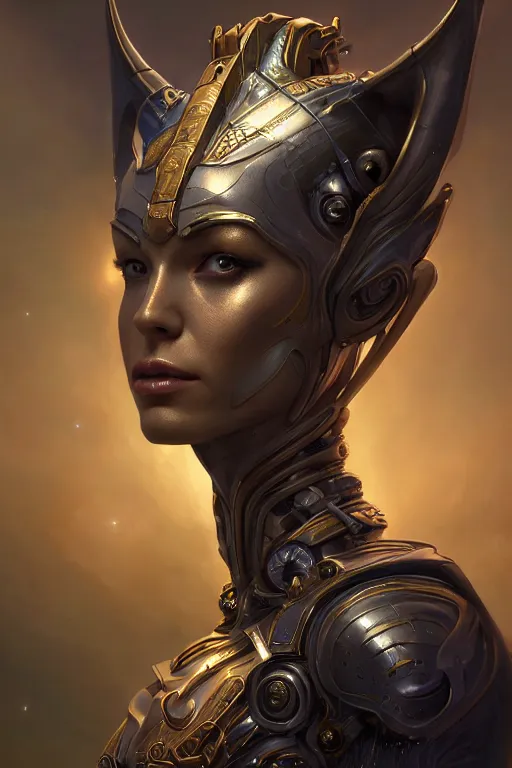 Image similar to portrait of a beautiful female hybrid cyborg atlantean anubis hada elsa jean alien warrior, regal, realistic, refined, detailed, digital art, jessica rossier, michael cheval, esao andrews, steampunk, walt disney ( 1 9 3 7 ), francois boucher, oil painting, highly detailed, cinematic lighting, unreal engine, 8 k, hd