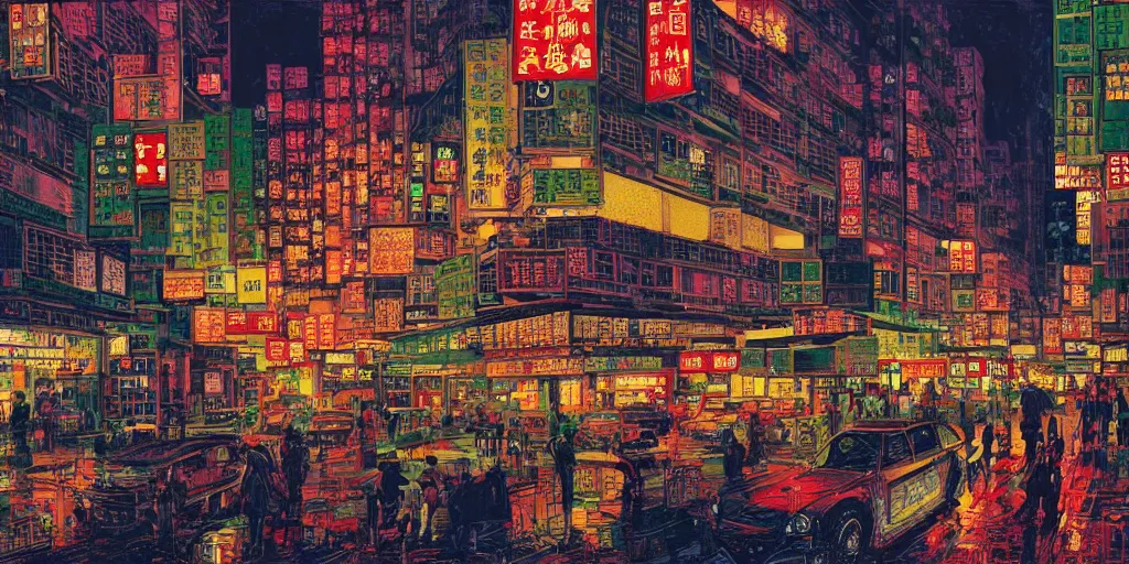 Image similar to a hong kong street, by dan mumford and peter doig, highly detailed, dramatic lighting, 8 k