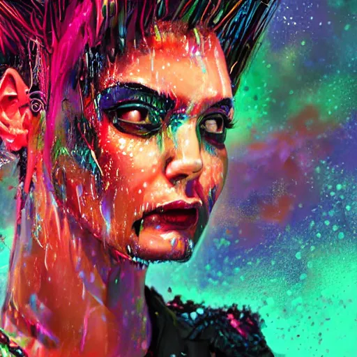 Image similar to splashes of neon galaxies, mowhawk, punk women portrait made out of paint with rain in the background, trending on artstation, epic composition, emotional, beautiful, rendered in octane, highly detailed, realistic, tim burton comic book art, sharp focus, matte painting, unreal engine