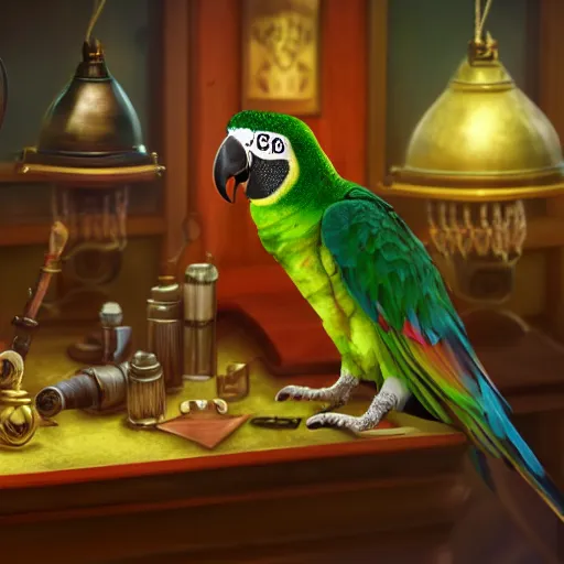 Anthropomorphized parrot trader in his shop, medium | Stable Diffusion