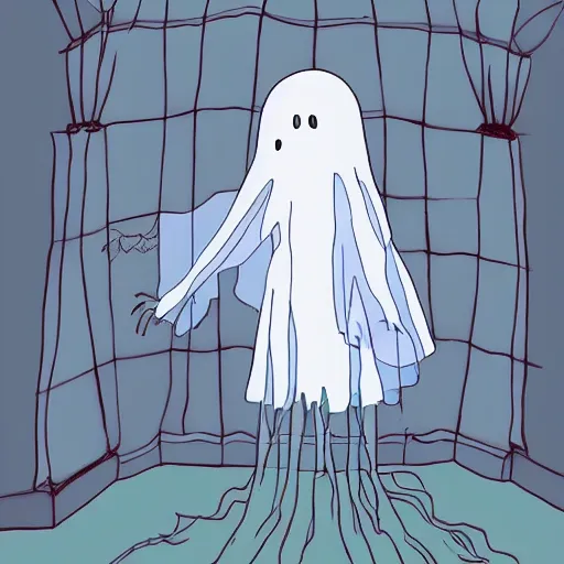 Image similar to a scary looking but very friendly transparent ghost in Chicago in the style of a ghibli movie