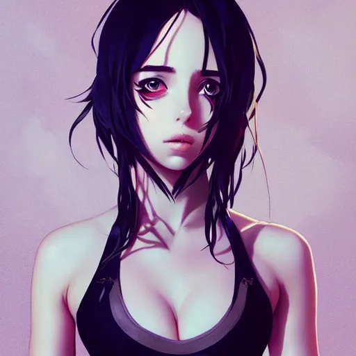 Image similar to a beautiful young anime protagonist billie eilish natalie portman alluring instagram model in elaborate latex tank top, by guweiz and wlop and ilya kuvshinov and artgerm symmetrical eyes, aesthetic, gorgeous, stunning, alluring, attractive, artstation, deviantart, pinterest, digital art