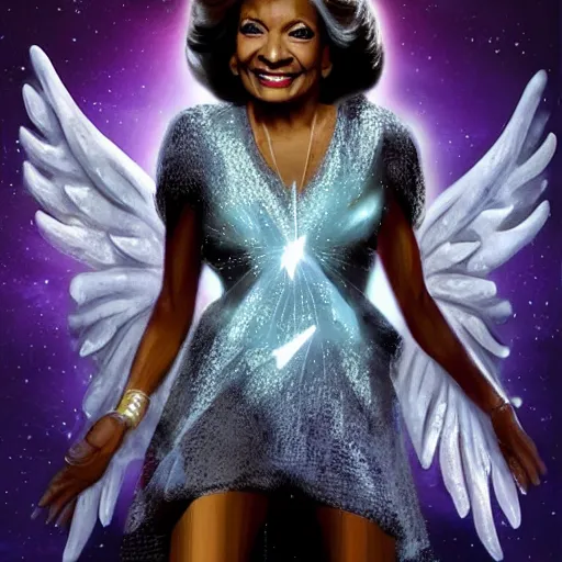 Image similar to nichelle nichols as an angel in cloud heaven photorealistic fantasy epic