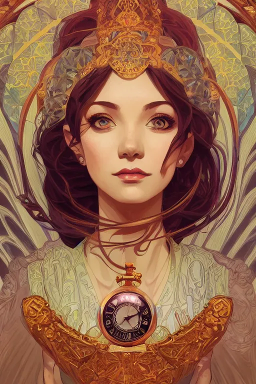 Image similar to portrait of the lady of time, clocks, intricate design, sharp features, detailed background, ambient lighting, 4 k, lois van baarle, ilya kuvshinov, rossdraws, alphonse mucha, jung gi kim, artstation