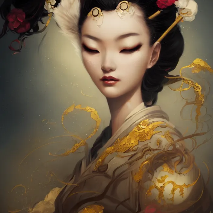 Image similar to asian geisha, by peter mohrbacher, intricate detail, artstation, artgerm, in the style of darkness fantasy, rococo, gold leaf art, rime lighting